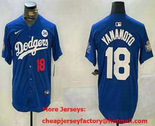 Men's Los Angeles Dodgers #18 Yoshinobu Yamamoto Number Blue 2024 World Series With Fernando 34 Fashion Limited Stitched Jersey