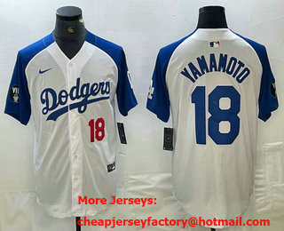 Men's Los Angeles Dodgers #18 Yoshinobu Yamamoto Number White Blue Fashion Stitched Cool Base Limited Jersey 13