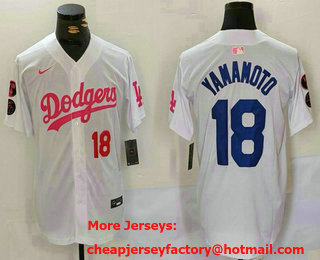 Men's Los Angeles Dodgers #18 Yoshinobu Yamamoto Nunber White Pink With Patch Limited Stitched Jersey