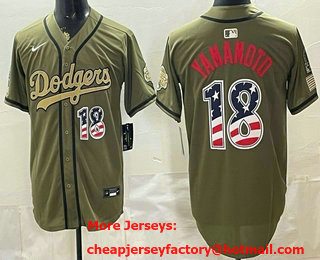 Men's Los Angeles Dodgers #18 Yoshinobu Yamamoto Olive 2026 Armed Forces Day USA 250 Fourth of July Stitched Jersey