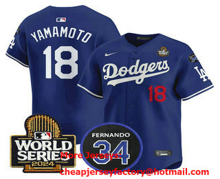 Men's Los Angeles Dodgers #18 Yoshinobu Yamamoto Royal 2024 World Series With Fernando 34 Patch Limited Stitched Jersey