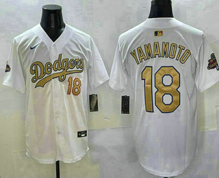 Men's Los Angeles Dodgers #18 Yoshinobu Yamamoto White 2025 Gold Collection Limited Stitched Jersey