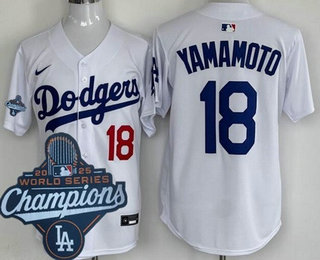 Men's Los Angeles Dodgers #18 Yoshinobu Yamamoto White 2025 World Series Champions Limited Jersey