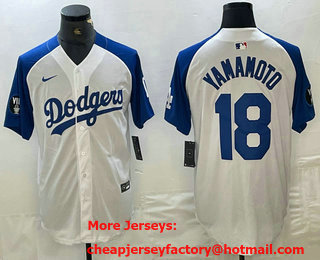 Men's Los Angeles Dodgers #18 Yoshinobu Yamamoto White Blue Fashion Stitched Cool Base Limited Jersey 11