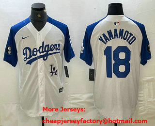 Men's Los Angeles Dodgers #18 Yoshinobu Yamamoto White Blue Fashion Stitched Cool Base Limited Jersey 12