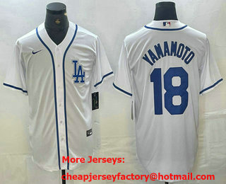 Men's Los Angeles Dodgers #18 Yoshinobu Yamamoto White Cool Base Stitched Baseball Jersey 01