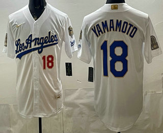 Men's Los Angeles Dodgers #18 Yoshinobu Yamamoto White Gold 9x B2B Champs Collection Limited Jersey