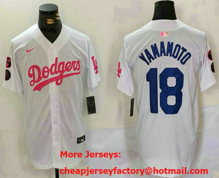 Men's Los Angeles Dodgers #18 Yoshinobu Yamamoto White Pink With Patch Limited Stitched Jersey
