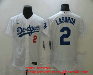 Men's Los Angeles Dodgers #2 Tommy Lasorda White Stitched MLB Flex Base Nike Jersey