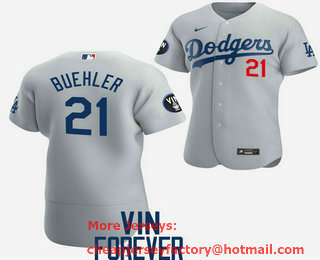 Men's Los Angeles Dodgers #21 Walker Buehler 2022 Grey Vin Scully Patch Flex Base Stitched Baseball Jersey