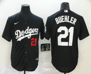 Men's Los Angeles Dodgers #21 Walker Buehler Black With Red Number Stitched MLB Cool Base Nike Jersey