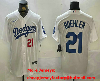 Men's Los Angeles Dodgers #21 Walker Buehler Number White Stitched Cool Base Nike Jersey