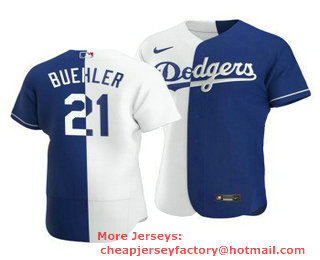 Men's Los Angeles Dodgers #21 Walker Buehler Split White Blue Two Tone Stitched MLB Flex Base Nike Jersey