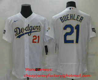 Men's Los Angeles Dodgers #21 Walker Buehler White Gold Champions Patch Stitched MLB Flex Base Nike Jersey