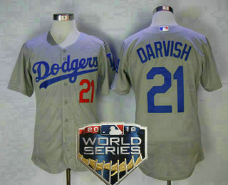 Men's Los Angeles Dodgers #21 Yu Darvish Gray Alternate 2018 World Series Patch Stitched MLB Majestic Flex Base Jersey