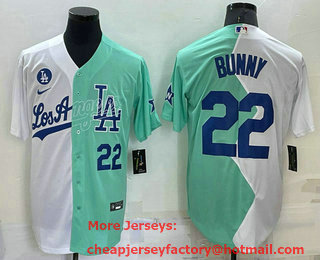 Men's Los Angeles Dodgers #22 Bad Bunny White Green 2022 All Star Cool Base Stitched Baseball Jersey 02