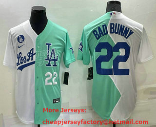 Men's Los Angeles Dodgers #22 Bad Bunny White Green Number 2022 Celebrity Softball Game Cool Base Jersey 01