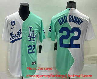 Men's Los Angeles Dodgers #22 Bad Bunny White Green Number 2022 Celebrity Softball Game Cool Base Jersey 02
