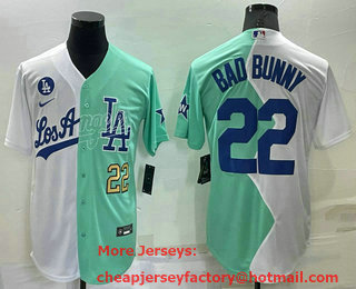 Men's Los Angeles Dodgers #22 Bad Bunny White Green Number 2022 Celebrity Softball Game Cool Base Jersey 03