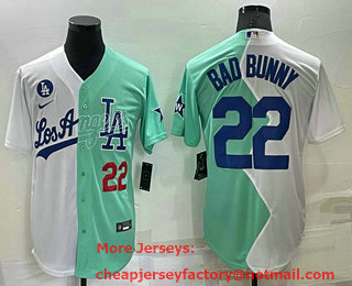 Men's Los Angeles Dodgers #22 Bad Bunny White Green Number 2022 Celebrity Softball Game Cool Base Jersey 04