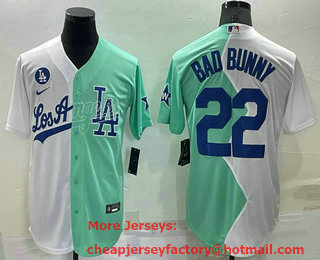 Men's Los Angeles Dodgers #22 Bad Bunny White Green Two Tone 2022 Celebrity Softball Game Cool Base Jersey