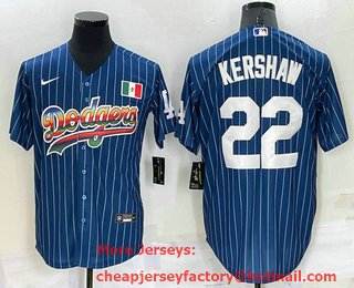 Men's Los Angeles Dodgers #22 Clayton Kershaw  Rainbow Blue Red Pinstripe Mexico Cool Base Nike Jersey