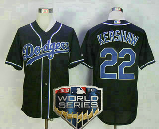 Men's Los Angeles Dodgers #22 Clayton Kershaw 2018 World Series Patch Black Fashion Stitched MLB Majestic Cool Base Jersey