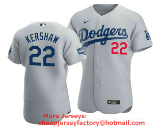 Men's Los Angeles Dodgers #22 Clayton Kershaw 2020 Grey World Series Champions Patch Flex Base Sttiched Jersey