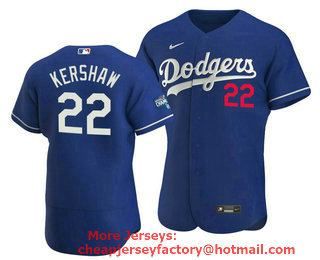 Men's Los Angeles Dodgers #22 Clayton Kershaw 2020 Royal World Series Champions Patch Flex Base Sttiched Jersey