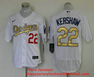 Men's Los Angeles Dodgers #22 Clayton Kershaw 2020 White Gold Sttiched Nike MLB Jersey