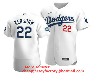 Men's Los Angeles Dodgers #22 Clayton Kershaw 2020 White World Series Champions Patch Flex Base Sttiched Jersey