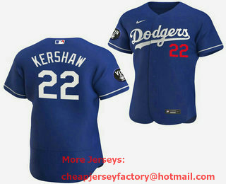 Men's Los Angeles Dodgers #22 Clayton Kershaw 2022 Blue Vin Scully Patch Flex Base Stitched Baseball Jersey