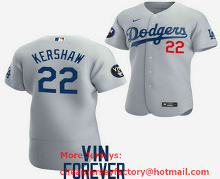 Men's Los Angeles Dodgers #22 Clayton Kershaw 2022 Grey Vin Scully Patch Flex Base Stitched Baseball Jersey
