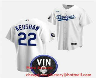 Men's Los Angeles Dodgers #22 Clayton Kershaw 2022 White Vin Scully Patch Cool Base Stitched Baseball Jersey