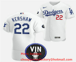 Men's Los Angeles Dodgers #22 Clayton Kershaw 2022 White Vin Scully Patch Flex Base Stitched Baseball Jersey