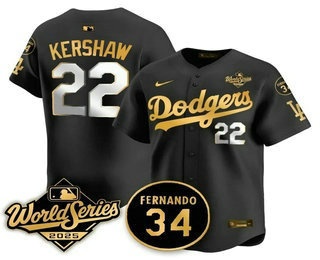 Men's Los Angeles Dodgers #22 Clayton Kershaw Black Gold 2025 World Series Patch Limited Stitched Jersey