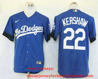 Men's Los Angeles Dodgers #22 Clayton Kershaw Blue 2021 City Connect Cool Base Stitched Jersey
