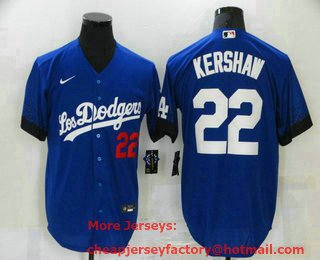 Men's Los Angeles Dodgers #22 Clayton Kershaw Blue 2021 City Connect Number Cool Base Stitched Jersey