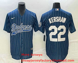 Men's Los Angeles Dodgers #22 Clayton Kershaw Blue Pinstripe Cool Base Stitched Baseball Jersey