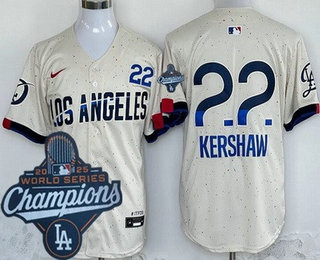 Men's Los Angeles Dodgers #22 Clayton Kershaw Cream City 2025 World Series Champions Limited Jersey