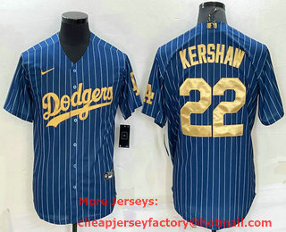 Men's Los Angeles Dodgers #22 Clayton Kershaw Navy Blue Gold Pinstripe Stitched MLB Cool Base Nike Jersey