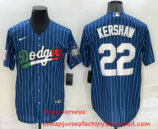 Men's Los Angeles Dodgers #22 Clayton Kershaw Navy Blue Pinstripe 2020 World Series Cool Base Nike Jersey