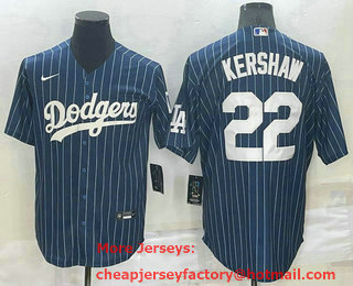 Men's Los Angeles Dodgers #22 Clayton Kershaw Navy Blue Pinstripe Stitched MLB Cool Base Nike Jersey
