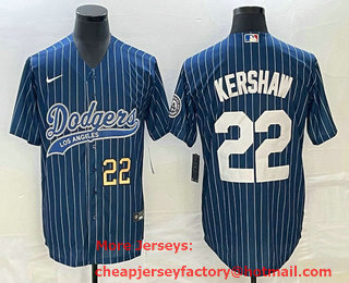 Men's Los Angeles Dodgers #22 Clayton Kershaw Number Blue Pinstripe Cool Base Stitched Baseball Jersey
