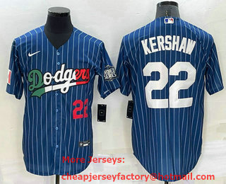 Men's Los Angeles Dodgers #22 Clayton Kershaw Number Navy Blue Pinstripe 2020 World Series Cool Base Nike Jersey 01