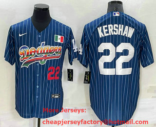Men's Los Angeles Dodgers #22 Clayton Kershaw Number Rainbow Blue Red Pinstripe Mexico Cool Base Nike Jersey 01