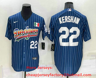 Men's Los Angeles Dodgers #22 Clayton Kershaw Number Rainbow Blue Red Pinstripe Mexico Cool Base Nike Jersey