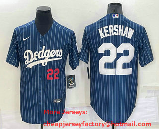 Men's Los Angeles Dodgers #22 Clayton Kershaw Number Red Navy Blue Pinstripe Stitched MLB Cool Base Nike Jersey