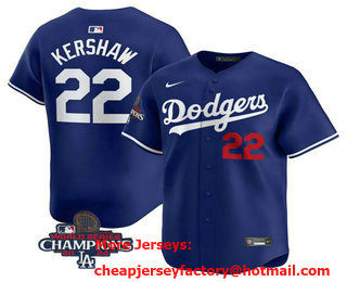 Men's Los Angeles Dodgers #22 Clayton Kershaw Number Royal 2024 World Series Champions Limited Stitched Jersey