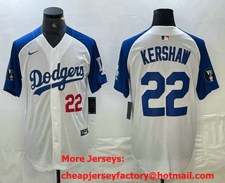 Men's Los Angeles Dodgers #22 Clayton Kershaw Number White Blue Fashion Stitched Cool Base Limited Jersey 13
